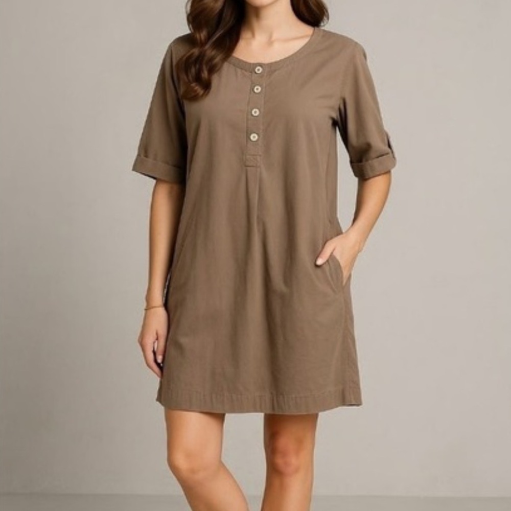 J Jill Button Roll Tab Sleeve Shirt Dress